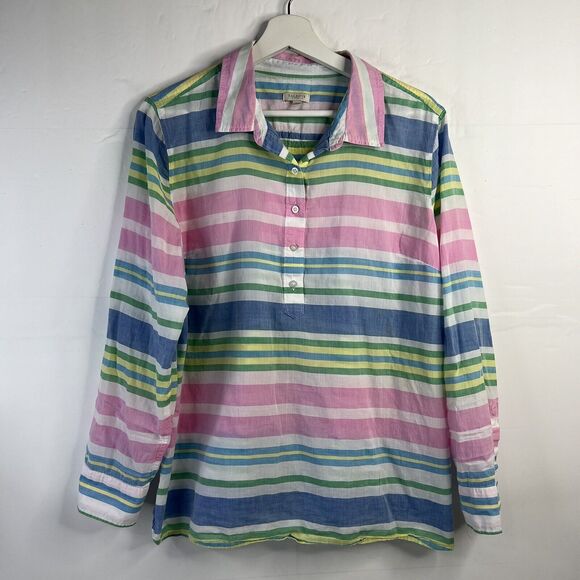 Talbots Petite Top Size LP L Popover Top Striped White Pink Blouse Pastel Collar - Picture 2 of 11